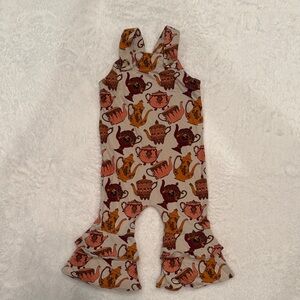 Kate Quinn Kids One Piece with Teapot Print in Cream, Burgundy, and Orange